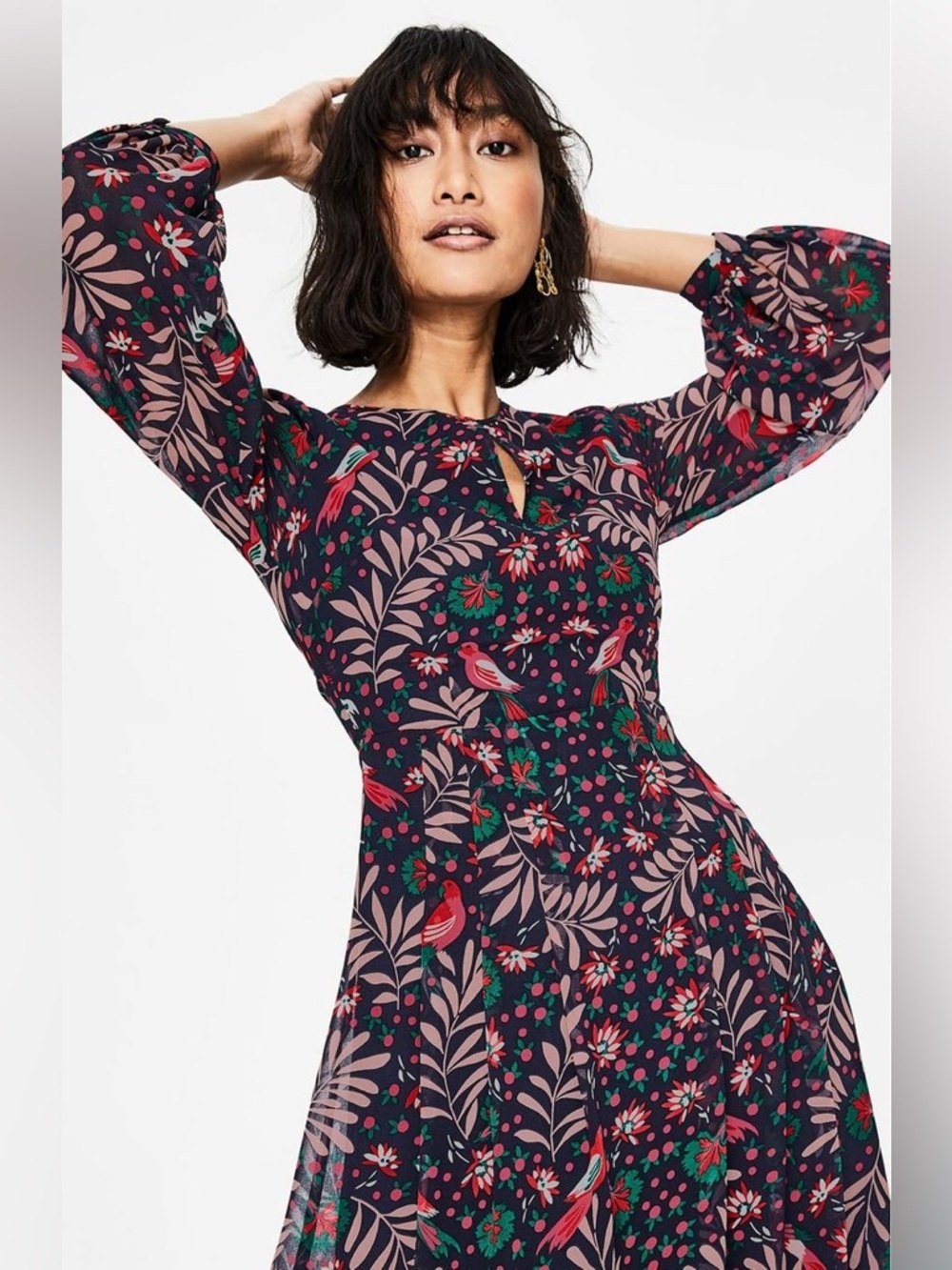 Boden flowy airy floral parrot navy Ada midi dress pouf sleeves 6P tropical prep - Picture 2 of 9